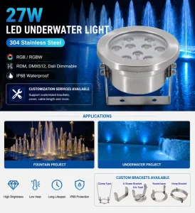 RGB LED Water Fountain Light IP68 24V Dimmable 304 Stainless Steel Underground Pool Lamp for Pools and Fountains