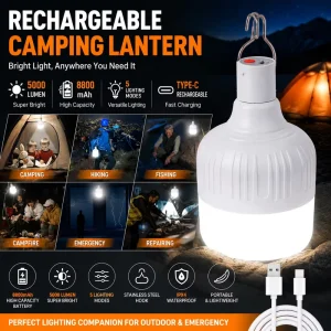Rechargeable 8800mAh LED Portable Outdoor IP44 Waterproof Hanging Tent Light with 5 Lighting Modes Dimmable Indoor Use