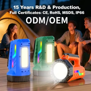 Rechargeable Handheld LED Searchlight, RGB, Portable Camping Spotlight, Outdoor Work Lamp