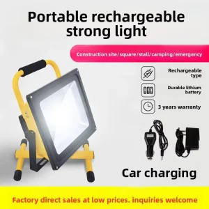 Rechargeable LED Work Light Portable Flood Light with Stand Built in 18650 Battery Car Charger for Outdoor Camping Emergency