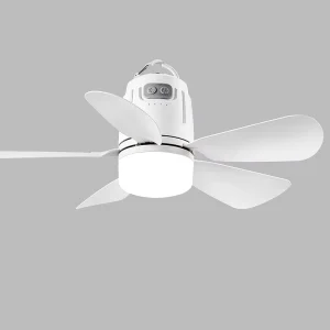 Rechargeable Outdoor LED Mini Ceiling Fan Light, 3-Color Dimming, Remote Control, Plastic Body, for Tents
