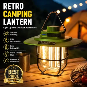 Rechargeable Retro LED Camping Lantern, Outdoor Tent Light, Stepless Dimming, USB, IP44 Waterproof, CRI 90