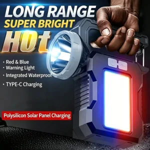 Rechargeable Solar Powered LED Torch Light with Side Panel and Front Spotlight, Waterproof Portable Emergency Lamp, Outdoor Dimmable