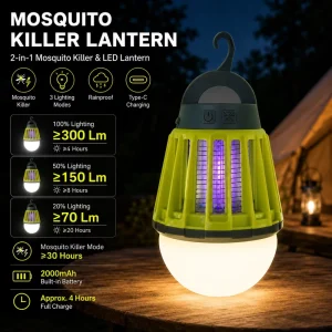Rechargeable UV Mosquito Bug Zapper Lamp, Electric Shock Pest Control Camping Lantern for Indoor and Outdoor Use