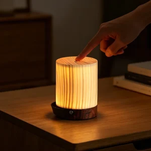 Rechargeable Wood LED Camping Lamp with Leather Handle, Stepless Dimming, Touch and USB Type-C
