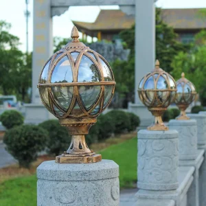 Retro Industrial Outdoor LED Pillar Light, Bronze Aluminum Housing, Amber Glass, IP55 Waterproof, for Garden Lawn Driveway
