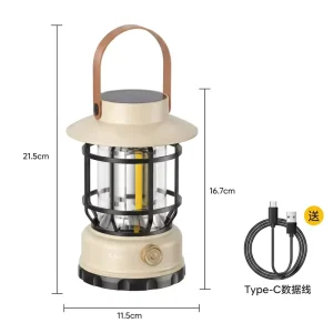 Retro Solar Camping Lantern with Leather Handle Rechargeable Type-C LED Hanging Lamp