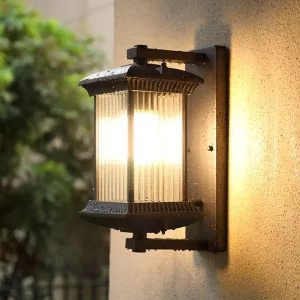 Retro Waterproof Solar Powered Outdoor Wall Lamp with LED Lighting, Glass Diffuser, Aluminum, Brown