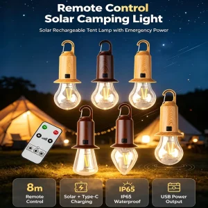 Retro Wood Grain Solar Camping Lantern Type-C Dual Charging Remote Control Dimmable Tent Light for Outdoor Camping and Fishing