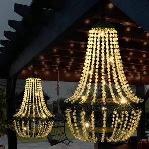 RoHS Certified Crystal Hanging Solar LED Lantern Outdoor Metal Chandelier Garden Decoration Light Warm White