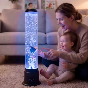 Sensory Bubble Tube Lamp 1.7 ft Bubble Fish Tube Sensory Aquarium Lamp with 6 Floating Fish & 16 Color Effects Black