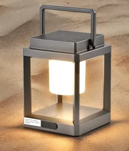 Silver Gray Solar-Powered Portable LED Light, Rechargeable, Waterproof, for Camping and Hiking