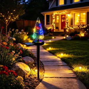 Simulated Christmas Tree Solar Powered Ground Stake Light IP65 Rated Warm Light Outdoor Garden Path Leading Light