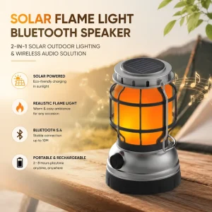 Solar Bluetooth Speaker Light, Outdoor Flame Lamp, Rechargeable, for Camping and Garden