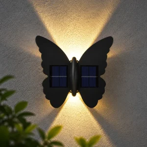 Solar Butterfly Wall Light Outdoor LED Garden Decor Lamp with up Down Lighting for Patio Fence Yard Courtyard Pathway