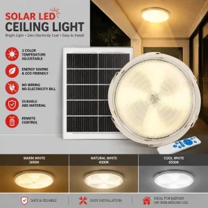 Solar Ceiling Light with Remote Control and LiFePO4 Battery for Gazebos, Corridors, Balconies, and Indoor Use