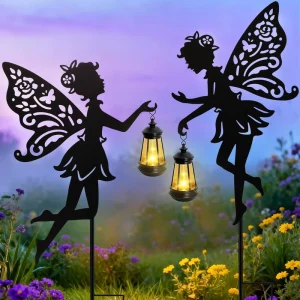 Solar Fairy Garden Lights 2-Pack Outdoor Hanging Lantern Stakes LED Warm Glow Waterproof Powder-Coated Iron