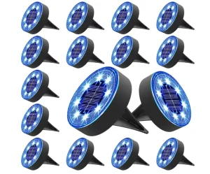 Solar Ground Lights, 8 LED, Waterproof IP68, Push-Button Control, Blue