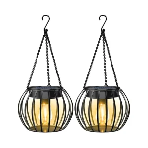 Solar Hanging Iron Cage Lantern with Warm White LED Edison Bulb Light Sensor IP44 Outdoor Garden Patio Tree Decor