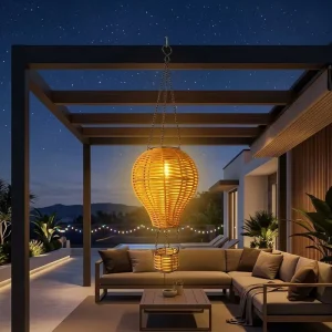 Solar Hot Air Balloon Lantern Outdoor Waterproof Hanging Rattan Wicker Garden Decorative LED Pendant Light