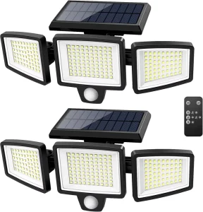 Solar IP67 Outdoor 2500LM LED Security Light Remote Control 3 Head Motion Sensor 270 Wide Angle Flood Wall Light 6000K