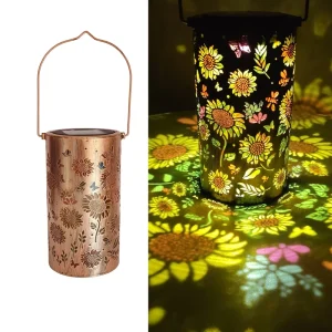 Solar Iron Lantern Sunflower Pattern Projection Light Decorative Garden Outdoor Hanging Lamp Wedding Party Backyard