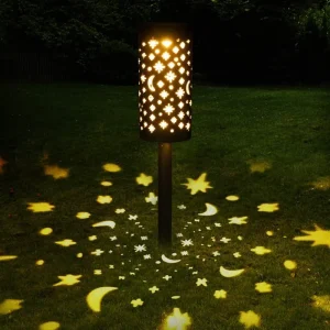 Solar Iron Star Moon Hollow Projection Light, Waterproof Outdoor Garden Stake Lamp for Lawn, Pathway and Patio