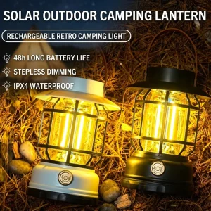 Solar LED Camping Lantern, Vintage, Rechargeable, Stepless Dimming, Waterproof, Black and White