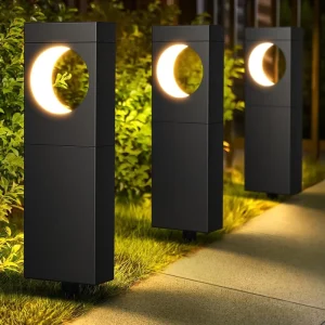 Solar LED P65 Waterproof LED Moon Bollard Light Double Sided Luminous Outdoor Garden Pathway Lawn Landscape Lamp
