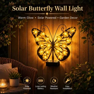 Solar LED Small Butterfly Hanging Outdoor Wall Light Waterproof Metal Garden Porch Patio Yard Decor