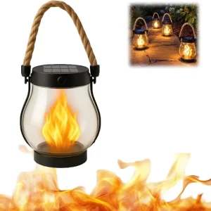 Solar LED Small Flame Hanging Lantern IP65 Waterproof Flickering Lamp Rope Handle Garden Patio Camping Outdoor Decor Light