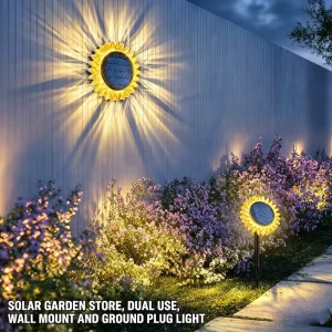 Solar LED Sunflower Garden Light 2 in 1 Wall Mount Stake Ground Auto IP65 Waterproof Rechargeable Easy Install Pathway Landscape