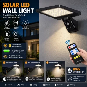 Solar LED Wall Light Outdoor Waterproof Motion Sensor Lamp with Remote Control for Garden Patio Garage Yard Security Lighting
