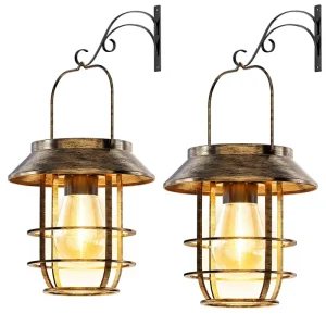 Solar Lanterns Outdoor Waterproof LED Hanging Wall Hooks Retro Auto On Off Metal Solar Garden Lamp for Home Porch Patio Yard