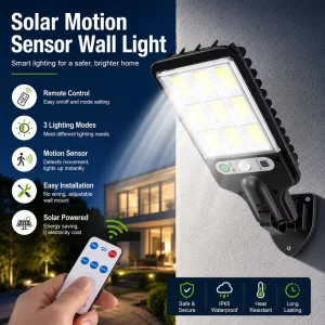 Solar Motion Sensor Wall Light with Remote Control 9 COB LEDs 3 Lighting Modes Adjustable Outdoor Security Lamp for Garden Yard