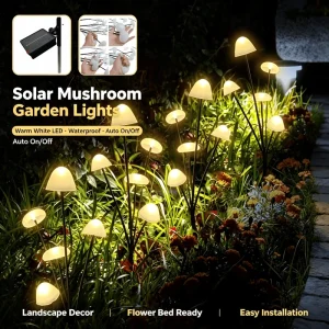 Solar Mushroom Garden Lights Warm White LED Waterproof Outdoor Pathway Landscape Lights for Yard and Flower Bed