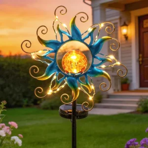 Solar Outdoor Garden Decor Blue Metal Sun Crackle Glass Globe Stake IP Rated Waterproof Warm White 30LED