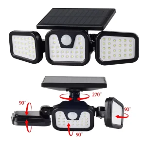 Solar Outdoor Motion Sensor Light 3 Heads 74LED IP54 Waterproof 270° Wide Angle 3 Modes Flood Wall Lamp for Garage Garden