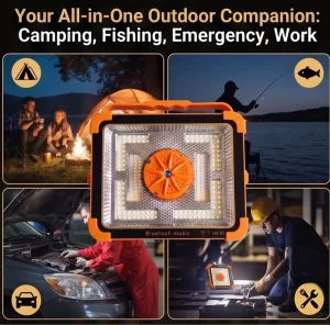 Solar Outdoor Waterproof LED Camping Lamp with Portable Speaker, 4000mAh Power Bank, and Emergency Work Lamp