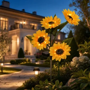 Solar Plastic Sunflower Light Outdoor Stake LED IP65 Waterproof Rechargeable Battery Sensor Wireless Control RGB 70cm Garden