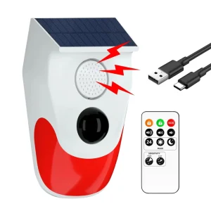 Solar Powered 120db Alarm Siren Wireless Infrared Motion Sensor Detector with Remote Control Waterproof PIR Sensor Light Alarm