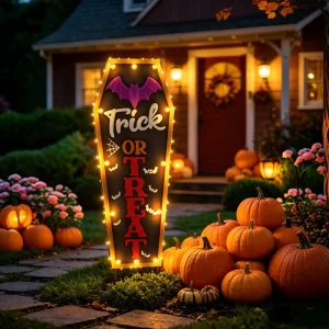 Solar Powered Coffin Shaped Sign Trick Treat Lettering LED Lights Rated Garden Halloween Yard Decorations