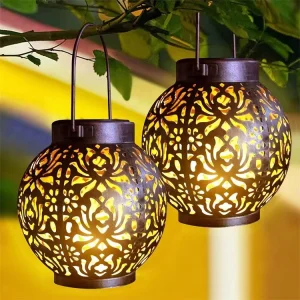 Solar Powered European Style Iron Hollow Rose Ball Waterproof Projection Hanging Landscape Courtyard Lamp