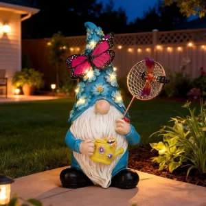 Solar Powered Garden Gnome Statues LED Lighted Flowers Sculpture IP44 Waterproof Button Control Hanging Outdoor Patio Yard