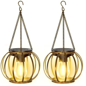 Solar Powered LED Wrought Iron Lantern Vintage Mesh Pendant Extra Bright Outdoor Garden Courtyard Decoration