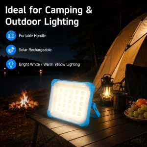 Solar-Powered Portable LED Flood Light, USB Rechargeable, for Camping, Emergencies, and Work