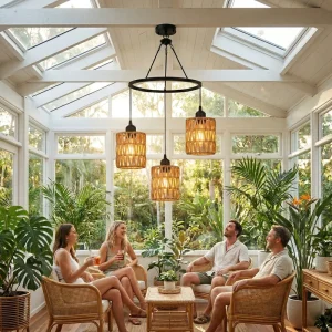 Solar Rattan 3-Head Pendant Chandelier IP65 LED Light Source PT0911