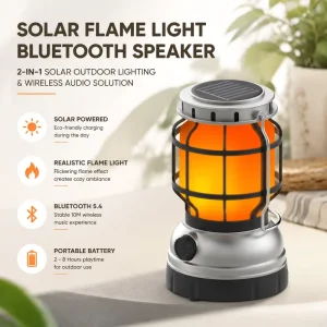 Solar Rechargeable Bluetooth Speaker Light, Outdoor Flame Lamp for Garden and Camping