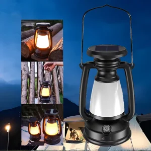 Solar Rechargeable Camping Light Garden Tent Fishing Lamp Vintage Kerosene Lamp Style