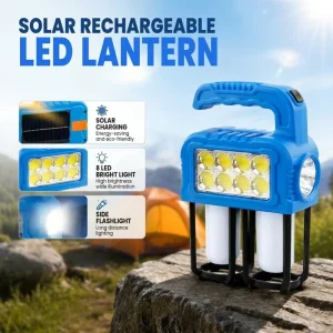Solar Rechargeable LED Camping Lantern with Side Flashlight, Portable Emergency Light for Outdoor Camping and Hiking